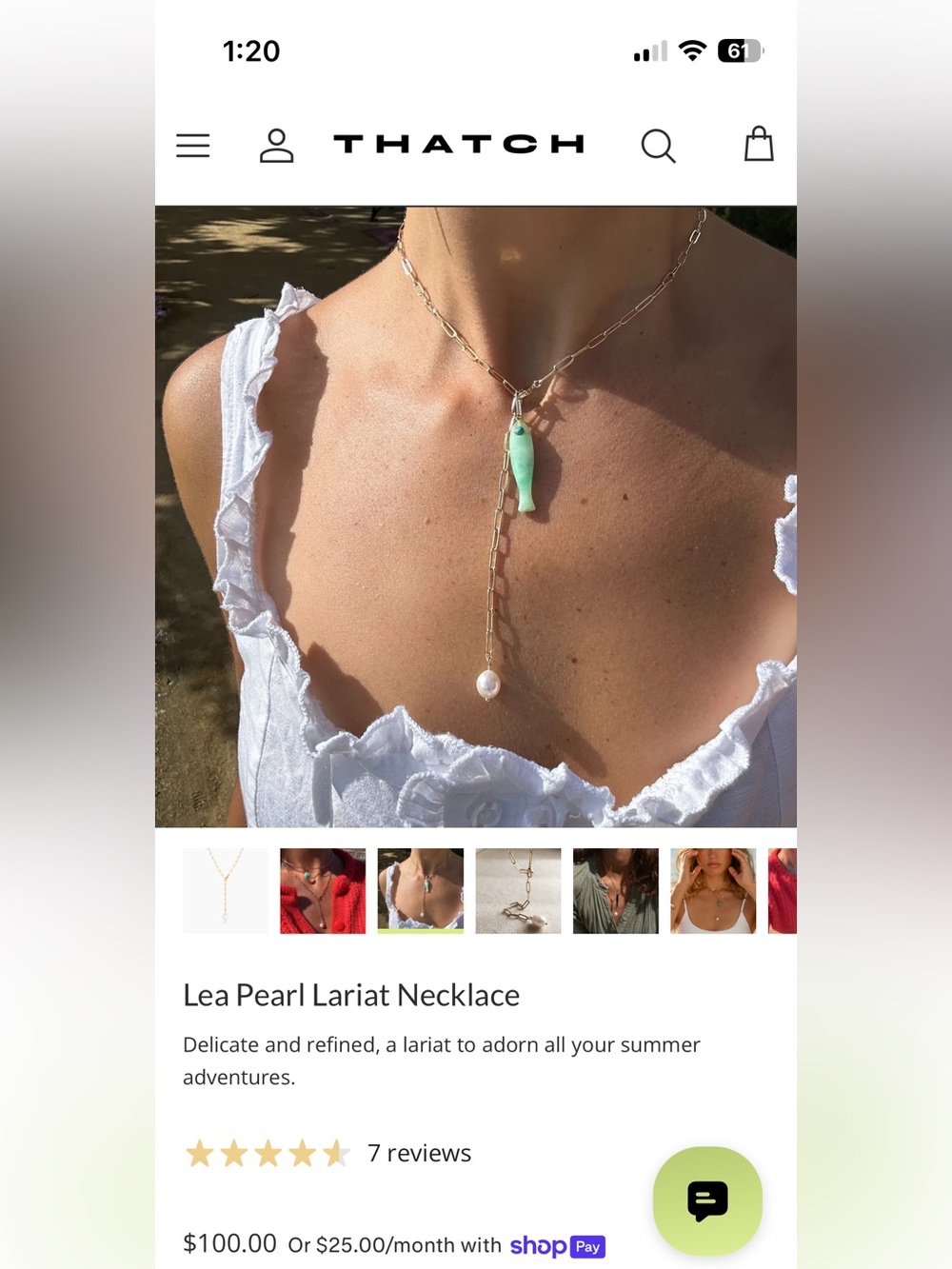 THATCH Lea Pearl Lariat Necklace with free Mint Green Fish charm (19” length) - Picture 3 of 6